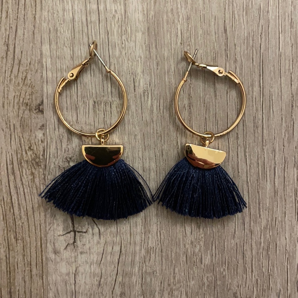 Navy tassel hoop earrings
